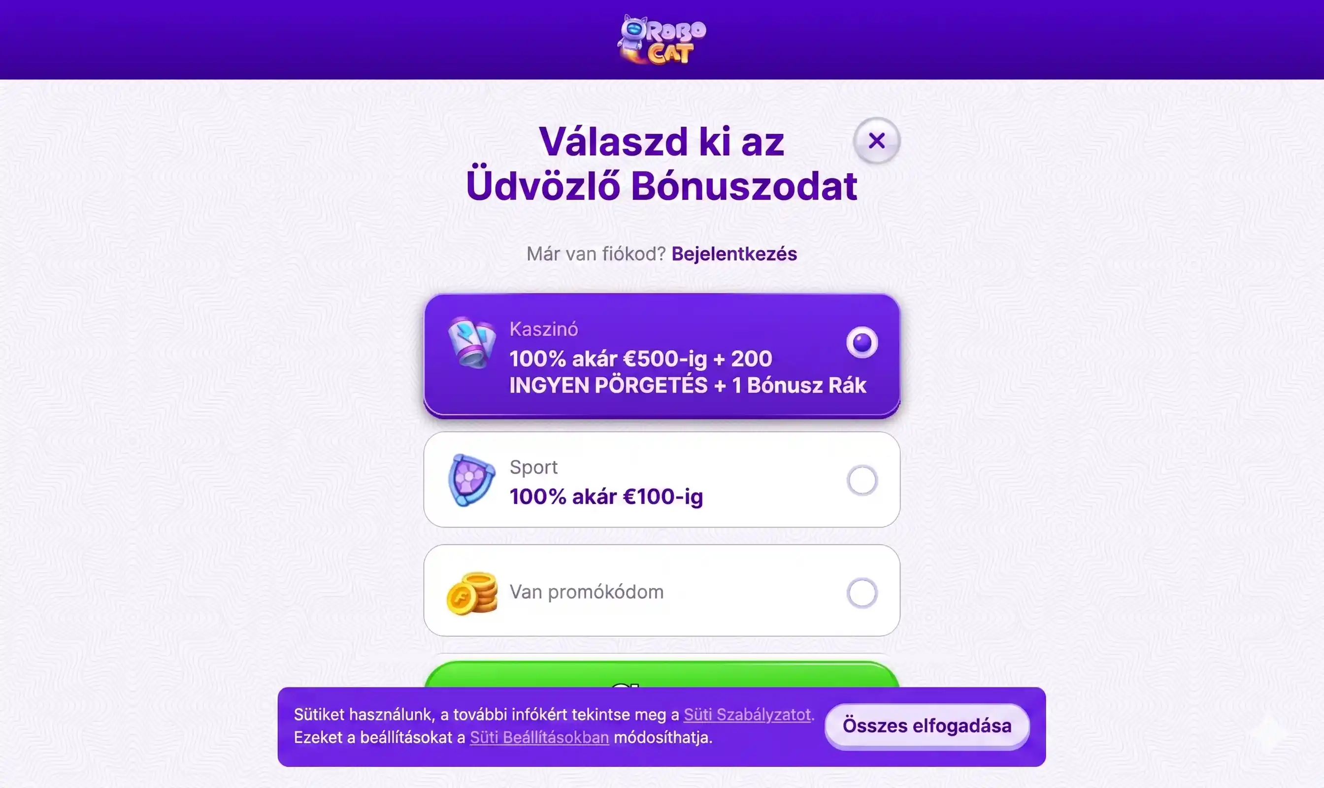 RoboCat üdvözlő bónusz választása a regisztráció során